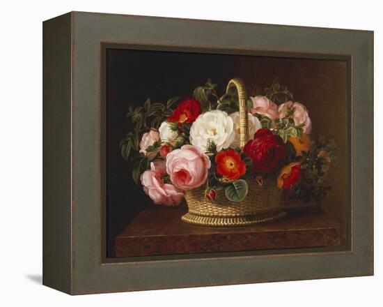 Roses in a Basket on a Ledge, 1838-Johan Laurentz Jensen-Framed Premier Image Canvas