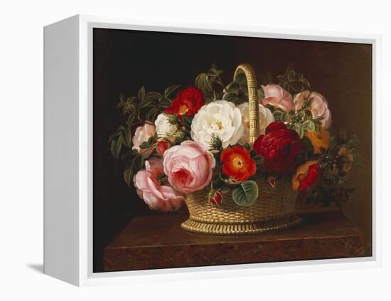 Roses in a Basket on a Ledge, 1838-Johan Laurentz Jensen-Framed Premier Image Canvas