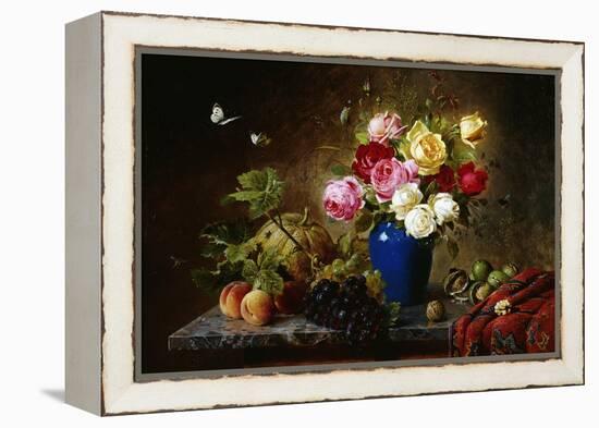 Roses in a Vase, Peaches, Nuts and a Melon on a Marbled Ledge-Olaf August Hermansen-Framed Premier Image Canvas