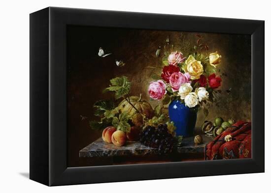 Roses in a Vase, Peaches, Nuts and a Melon on a Marbled Ledge-Olaf August Hermansen-Framed Premier Image Canvas