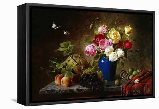 Roses in a Vase, Peaches, Nuts and a Melon on a Marbled Ledge-Olaf August Hermansen-Framed Premier Image Canvas