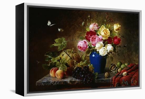 Roses in a Vase, Peaches, Nuts and a Melon on a Marbled Ledge-Olaf August Hermansen-Framed Premier Image Canvas