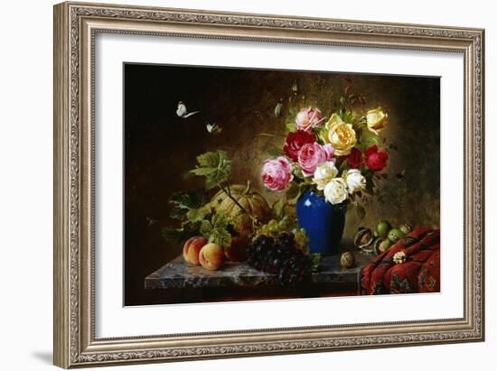 Roses in a Vase, Peaches, Nuts and a Melon on a Marbled Ledge-Olaf August Hermansen-Framed Giclee Print