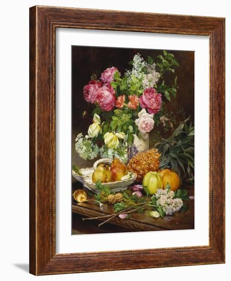 Roses in a Vase, Pears in a Porcelain Bowl and Fruit on an Oak Table-Louis Marie De Schryver-Framed Giclee Print