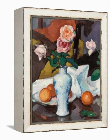 Roses in a Vase with Oranges and a White Tablecloth-Samuel John Peploe-Framed Premier Image Canvas