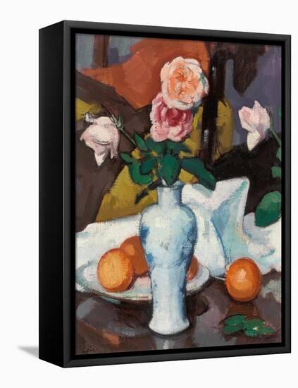 Roses in a Vase with Oranges and a White Tablecloth-Samuel John Peploe-Framed Premier Image Canvas