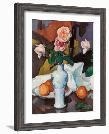 Roses in a Vase with Oranges and a White Tablecloth-Samuel John Peploe-Framed Giclee Print