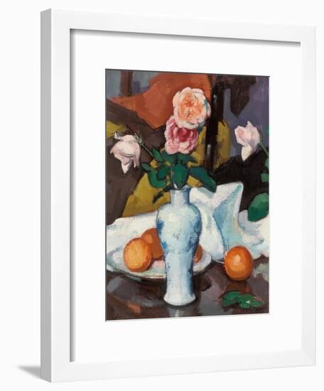 Roses in a Vase with Oranges and a White Tablecloth-Samuel John Peploe-Framed Giclee Print