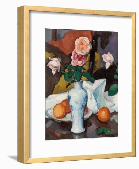 Roses in a Vase with Oranges and a White Tablecloth-Samuel John Peploe-Framed Giclee Print