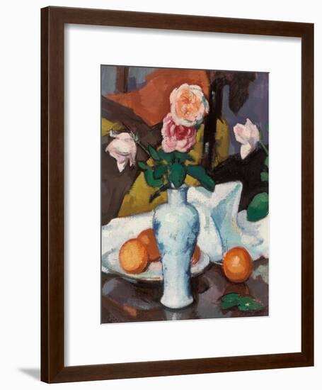 Roses in a Vase with Oranges and a White Tablecloth-Samuel John Peploe-Framed Giclee Print