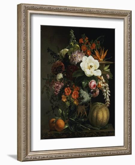 Roses, Magnolia, Peonies, Hollyhocks, Pink Liburnum and Other Flowers in a Greek Red Figure Vase-Johan Laurentz Jensen-Framed Giclee Print