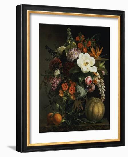 Roses, Magnolia, Peonies, Hollyhocks, Pink Liburnum and Other Flowers in a Greek Red Figure Vase-Johan Laurentz Jensen-Framed Giclee Print