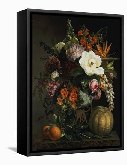 Roses, Magnolia, Peonies, Hollyhocks, Pink Liburnum and Other Flowers in a Greek Red Figure Vase-Johan Laurentz Jensen-Framed Premier Image Canvas