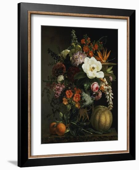 Roses, Magnolia, Peonies, Hollyhocks, Pink Liburnum and Other Flowers in a Greek Red Figure Vase-Johan Laurentz Jensen-Framed Giclee Print
