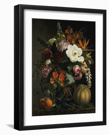 Roses, Magnolia, Peonies, Hollyhocks, Pink Liburnum and Other Flowers in a Greek Red Figure Vase-Johan Laurentz Jensen-Framed Giclee Print