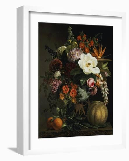 Roses, Magnolia, Peonies, Hollyhocks, Pink Liburnum and Other Flowers in a Greek Red Figure Vase-Johan Laurentz Jensen-Framed Giclee Print