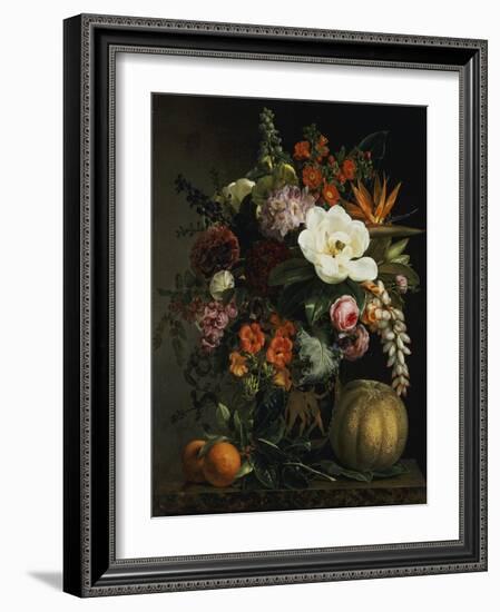 Roses, Magnolia, Peonies, Hollyhocks, Pink Liburnum and Other Flowers in a Greek Red Figure Vase-Johan Laurentz Jensen-Framed Giclee Print