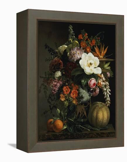 Roses, Magnolia, Peonies, Hollyhocks, Pink Liburnum and Other Flowers in a Greek Red Figure Vase-Johan Laurentz Jensen-Framed Premier Image Canvas