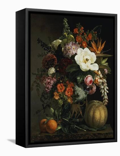 Roses, Magnolia, Peonies, Hollyhocks, Pink Liburnum and Other Flowers in a Greek Red Figure Vase-Johan Laurentz Jensen-Framed Premier Image Canvas