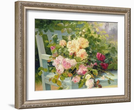 Roses on the Bench-Eugene Henri Cauchois-Framed Giclee Print