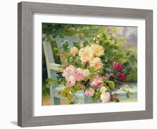 Roses on the Bench-Eugene Henri Cauchois-Framed Giclee Print