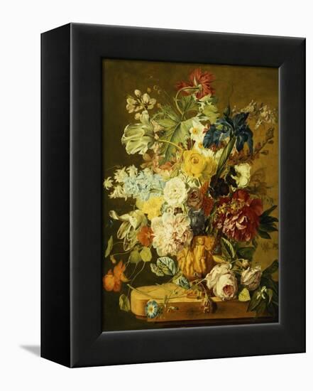 Roses, Peonies, Tulips, Morning Glory, an Iris, Columbine, a Poppy, Jonquils and Other Flowers in…-Jan van Huysum-Framed Premier Image Canvas