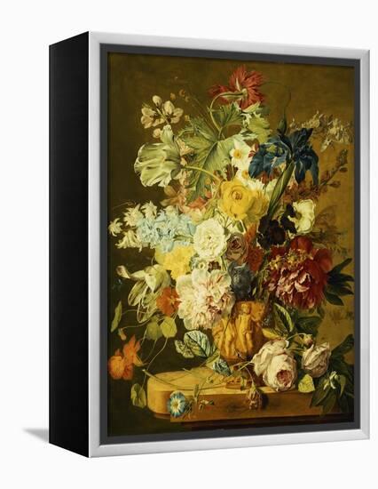 Roses, Peonies, Tulips, Morning Glory, an Iris, Columbine, a Poppy, Jonquils and Other Flowers in…-Jan van Huysum-Framed Premier Image Canvas