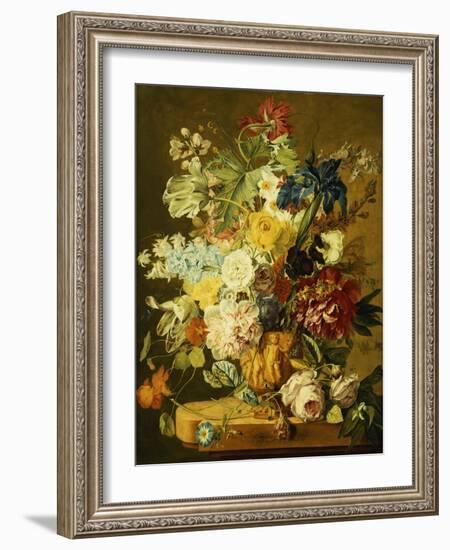 Roses, Peonies, Tulips, Morning Glory, an Iris, Columbine, a Poppy, Jonquils and Other Flowers in…-Jan van Huysum-Framed Giclee Print