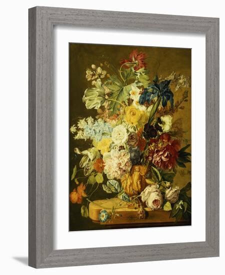 Roses, Peonies, Tulips, Morning Glory, an Iris, Columbine, a Poppy, Jonquils and Other Flowers in…-Jan van Huysum-Framed Giclee Print