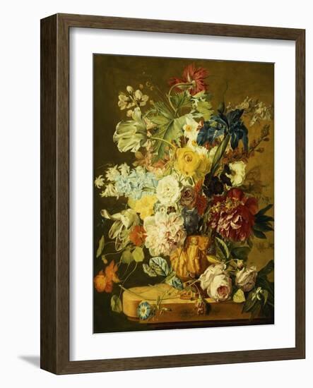 Roses, Peonies, Tulips, Morning Glory, an Iris, Columbine, a Poppy, Jonquils and Other Flowers in…-Jan van Huysum-Framed Giclee Print