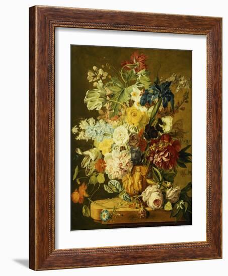 Roses, Peonies, Tulips, Morning Glory, an Iris, Columbine, a Poppy, Jonquils and Other Flowers in…-Jan van Huysum-Framed Giclee Print