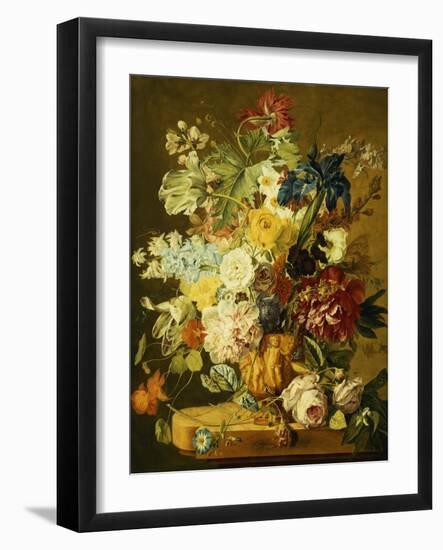 Roses, Peonies, Tulips, Morning Glory, an Iris, Columbine, a Poppy, Jonquils and Other Flowers in…-Jan van Huysum-Framed Giclee Print