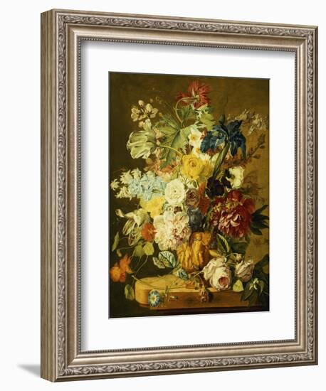 Roses, Peonies, Tulips, Morning Glory, an Iris, Columbine, a Poppy, Jonquils and Other Flowers in…-Jan van Huysum-Framed Giclee Print