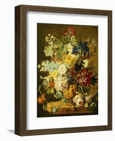 Roses, Peonies, Tulips, Morning Glory, an Iris, Columbine, a Poppy, Jonquils and Other Flowers in…-Jan van Huysum-Framed Giclee Print