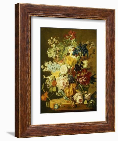 Roses, Peonies, Tulips, Morning Glory, an Iris, Columbine, a Poppy, Jonquils and Other Flowers in…-Jan van Huysum-Framed Giclee Print