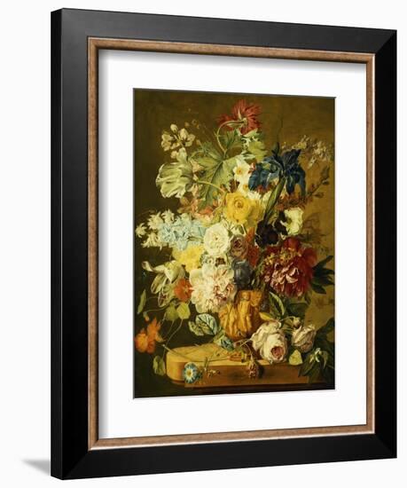 Roses, Peonies, Tulips, Morning Glory, an Iris, Columbine, a Poppy, Jonquils and Other Flowers in…-Jan van Huysum-Framed Giclee Print