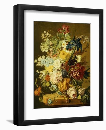 Roses, Peonies, Tulips, Morning Glory, an Iris, Columbine, a Poppy, Jonquils and Other Flowers in…-Jan van Huysum-Framed Giclee Print