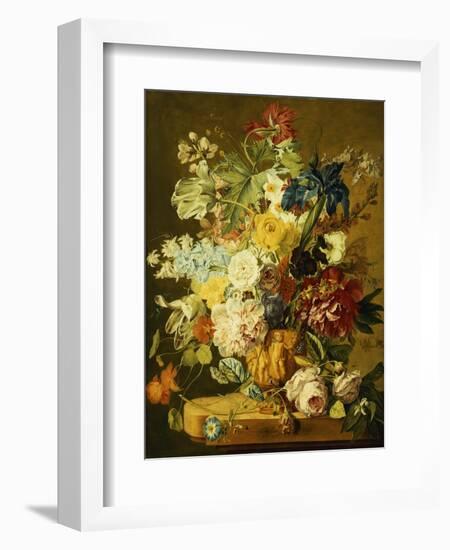 Roses, Peonies, Tulips, Morning Glory, an Iris, Columbine, a Poppy, Jonquils and Other Flowers in…-Jan van Huysum-Framed Giclee Print