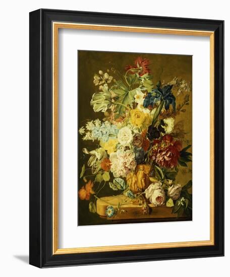 Roses, Peonies, Tulips, Morning Glory, an Iris, Columbine, a Poppy, Jonquils and Other Flowers in…-Jan van Huysum-Framed Giclee Print