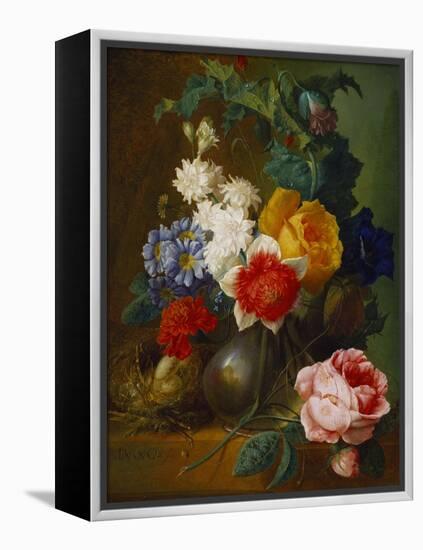 Roses, Poppies, Morning Glory and Other Flowers in a Vase with a Bird's Nest on a Ledge-Jan van Os-Framed Premier Image Canvas