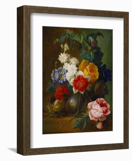 Roses, Poppies, Morning Glory and Other Flowers in a Vase with a Bird's Nest on a Ledge-Jan van Os-Framed Giclee Print