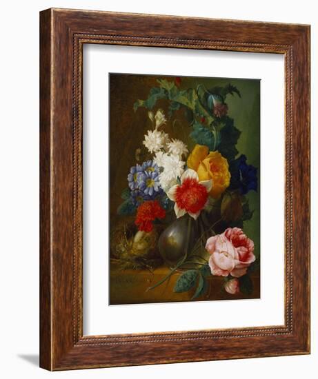 Roses, Poppies, Morning Glory and Other Flowers in a Vase with a Bird's Nest on a Ledge-Jan van Os-Framed Giclee Print