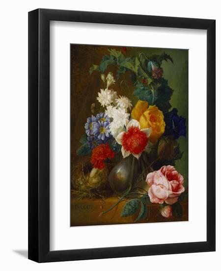 Roses, Poppies, Morning Glory and Other Flowers in a Vase with a Bird's Nest on a Ledge-Jan van Os-Framed Giclee Print