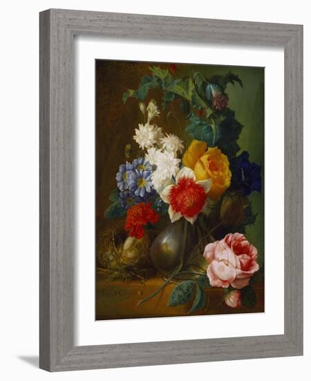 Roses, Poppies, Morning Glory and Other Flowers in a Vase with a Bird's Nest on a Ledge-Jan van Os-Framed Giclee Print