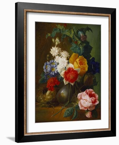 Roses, Poppies, Morning Glory and Other Flowers in a Vase with a Bird's Nest on a Ledge-Jan van Os-Framed Giclee Print