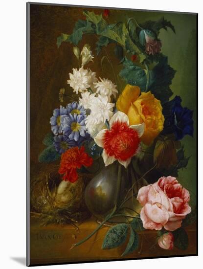 Roses, Poppies, Morning Glory and Other Flowers in a Vase with a Bird's Nest on a Ledge-Jan van Os-Mounted Giclee Print