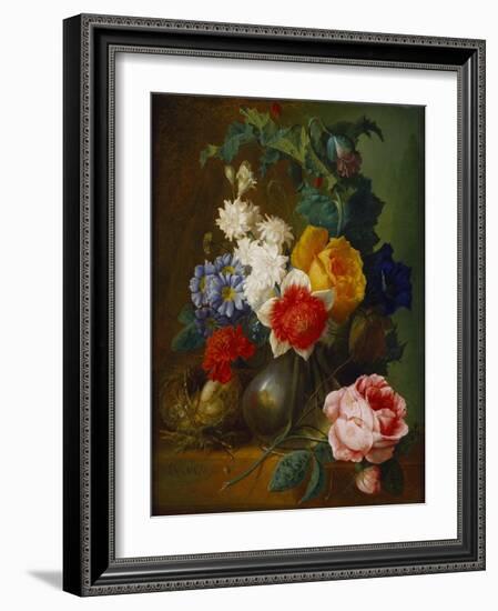 Roses, Poppies, Morning Glory and Other Flowers in a Vase with a Bird's Nest on a Ledge-Jan van Os-Framed Giclee Print