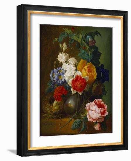 Roses, Poppies, Morning Glory and Other Flowers in a Vase with a Bird's Nest on a Ledge-Jan van Os-Framed Giclee Print