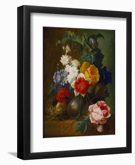 Roses, Poppies, Morning Glory and Other Flowers in a Vase with a Bird's Nest on a Ledge-Jan van Os-Framed Giclee Print