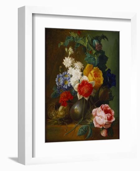 Roses, Poppies, Morning Glory and Other Flowers in a Vase with a Bird's Nest on a Ledge-Jan van Os-Framed Giclee Print